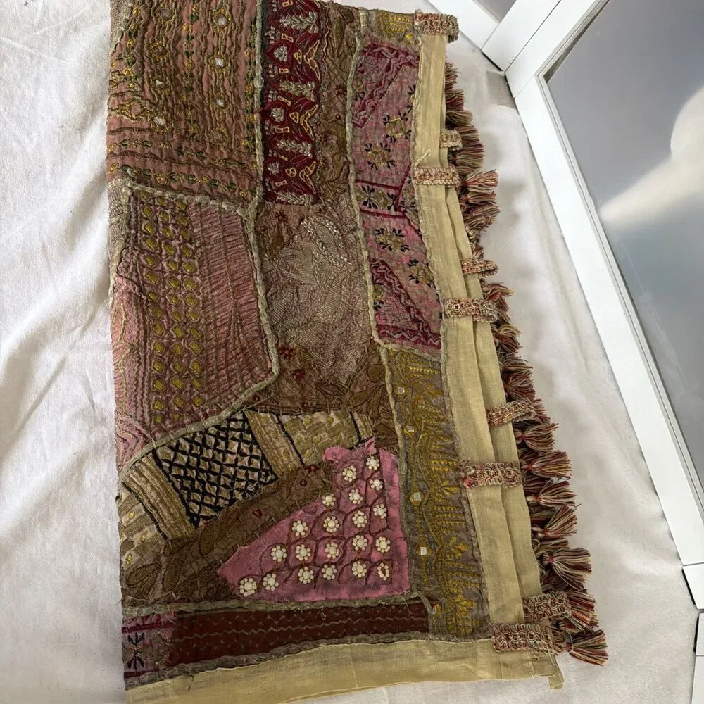 Vtg Indian Sari Patchwork Tapestry Wall Hanging Embroidered Zari Mirror 47x25